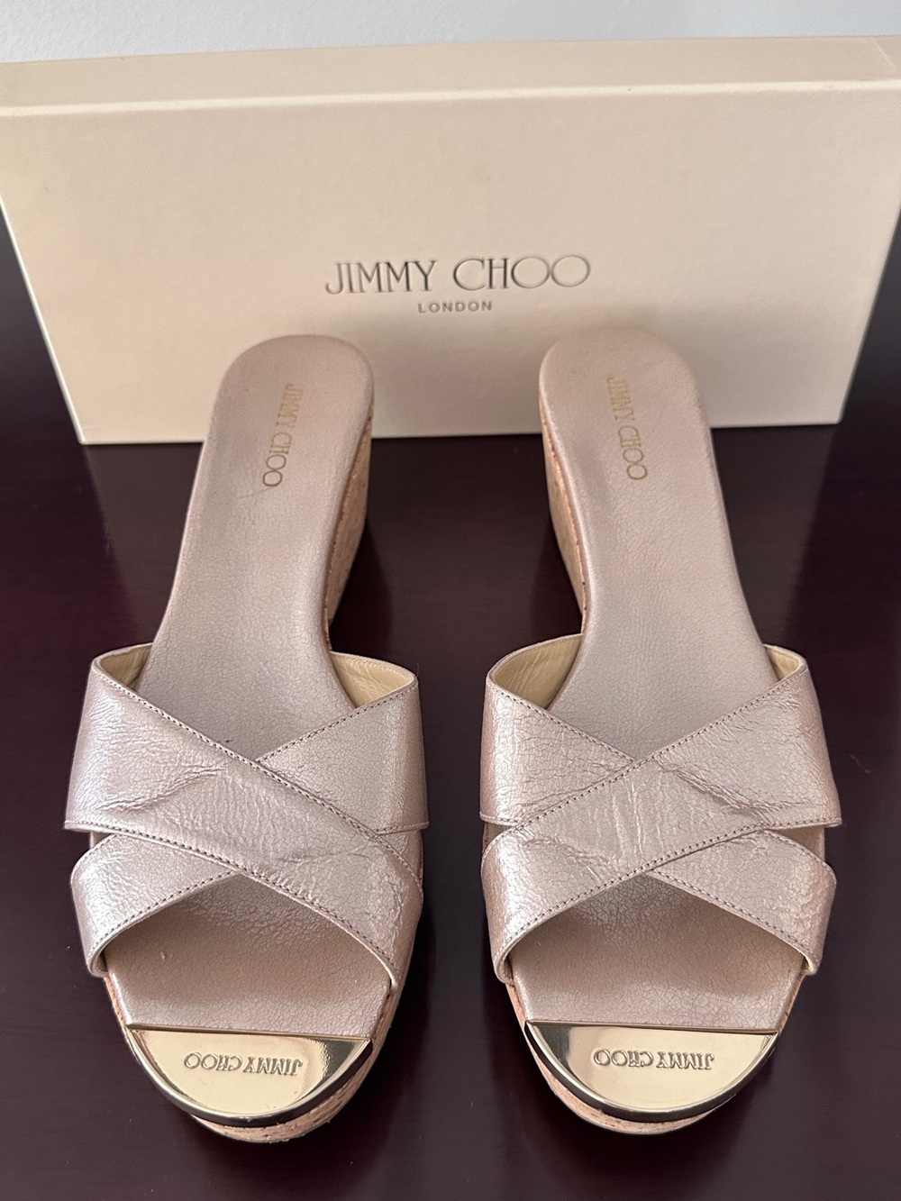 Jimmy Choo Women's Metallic Frappe Leather Slide Sandals Sz 39